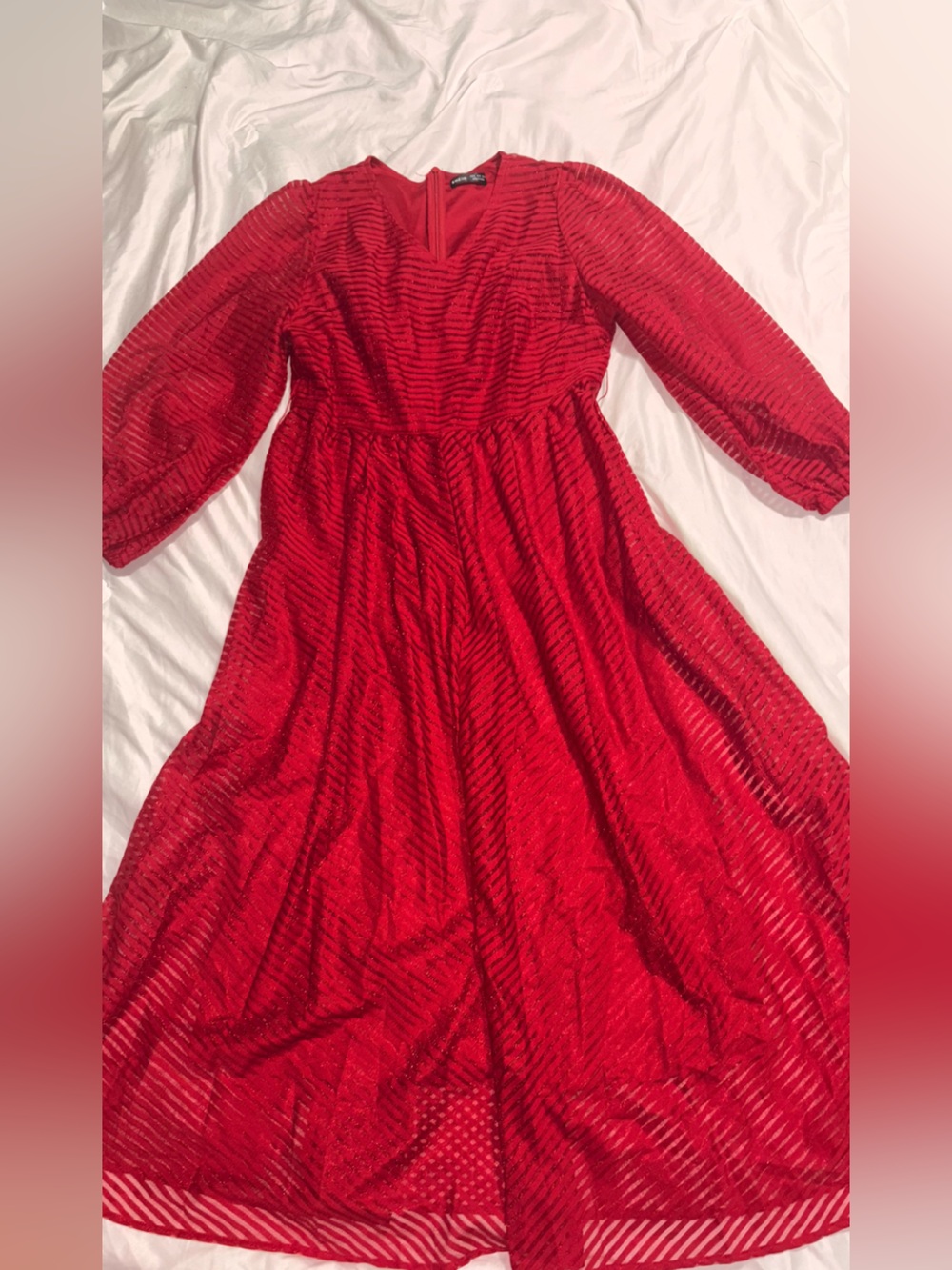 SHEIN Red Glitter Stripe V-Neck Fit & Flare Dress